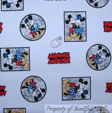 BonEful Fabric FQ Cotton Quilt White B W Red Blue Dot Mickey Minnie Mouse Disney