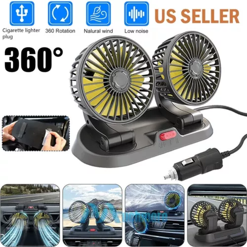 Dual Head 12V/24V Car Fan 360° Rotating 2 Speeds Auto Dashboard Cooling Air Fan - Picture 1 of 18