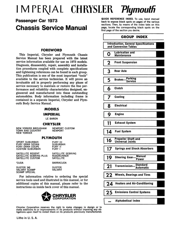 Plymouth 1973, Chrysler, Imperial Chassis manual de servicio Foto 2 de 3