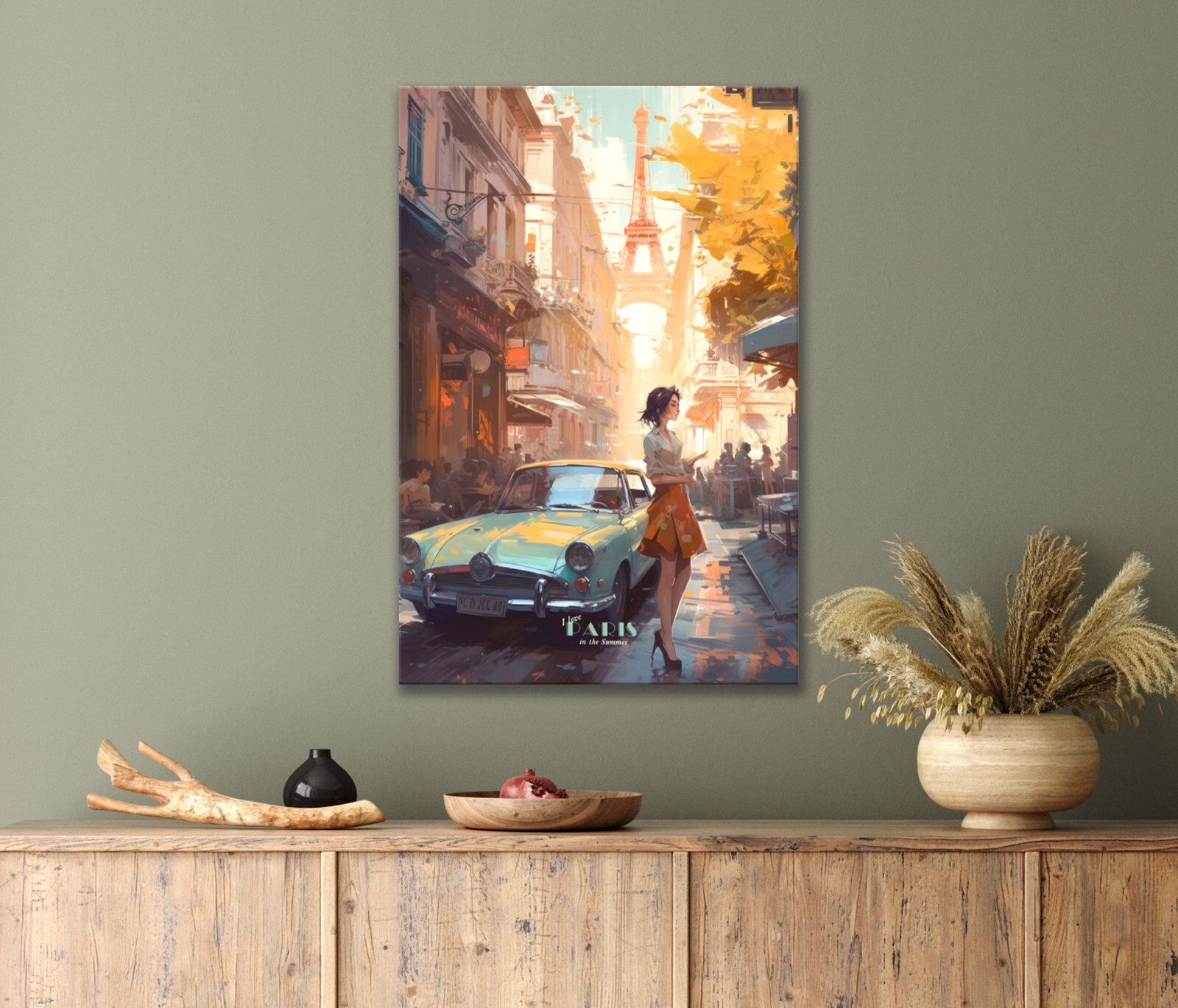Painting Of Woman on Street & Vintage Car 40x60cm Canvas or Metal Print Wall Art