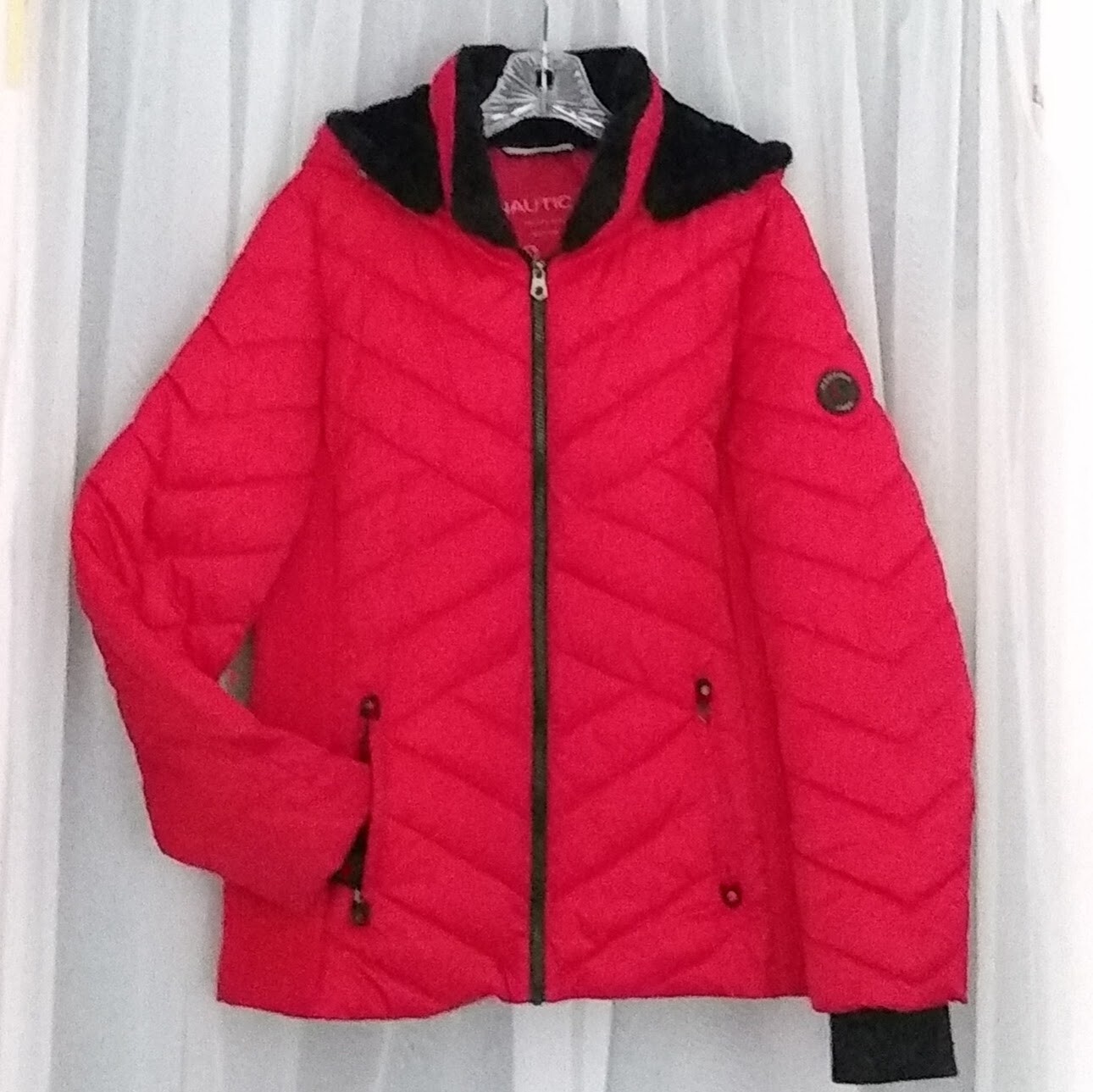 NAUTICA Puffer Jacket Red With Fleece Lined Removable Hood XL-image