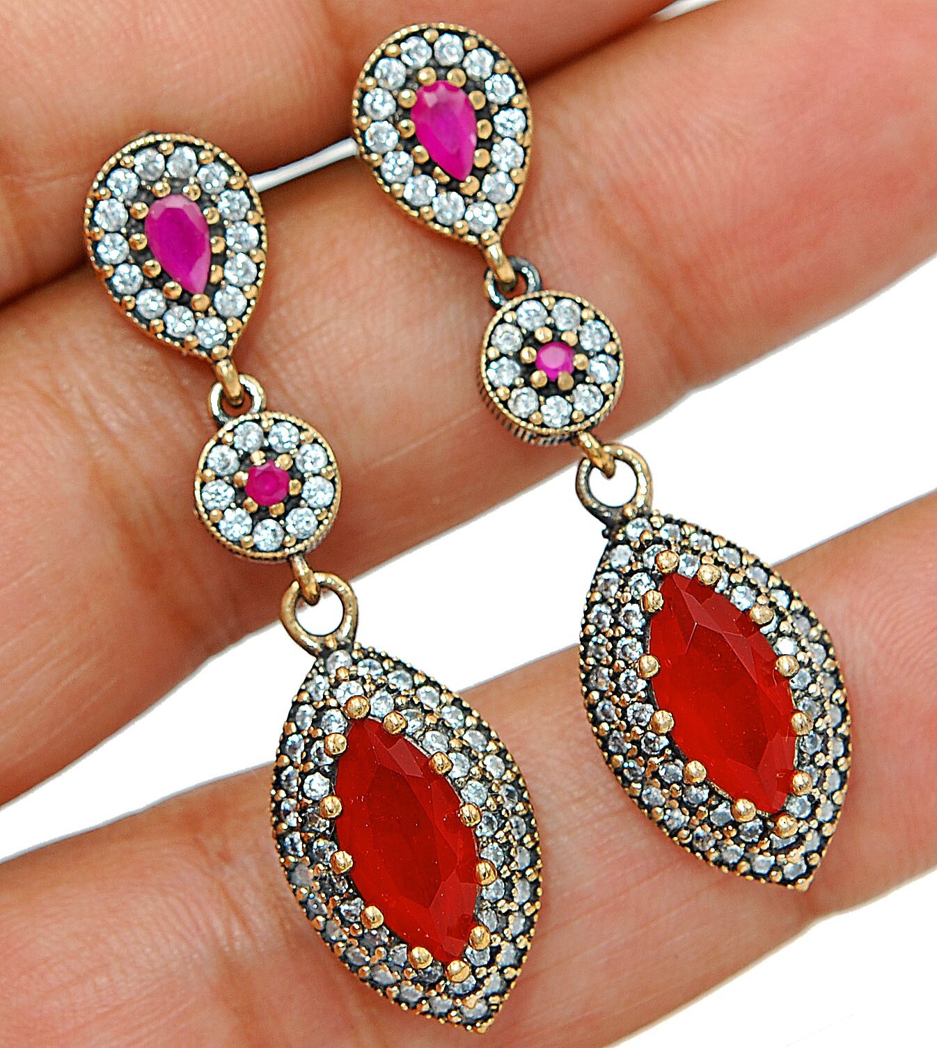 Ottoman Empire Inspired 10CT Treated Ruby 925 Sterling Silver Earrings TE1515