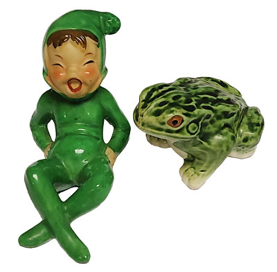 Vintage 1950's Green Ceramic Impish Pixie Elf & Frog Figurines Japan 2 pieces