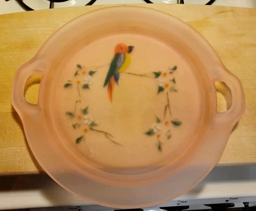 Pink Satin Depression Glass Hand Painted Parrot Round Tray 11" Handled