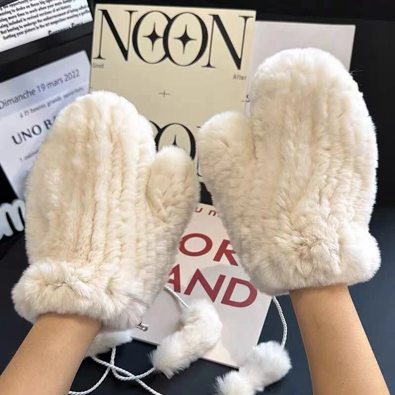 Women's Real Rabbit Fur Gloves Full Mitten W String Knitted Warm Wrist Mittens