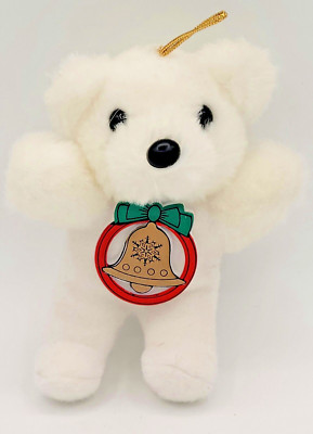 Vintage Dan Dee White Plush Mini 5'' Christmas Bear Ornament with Holiday Bell