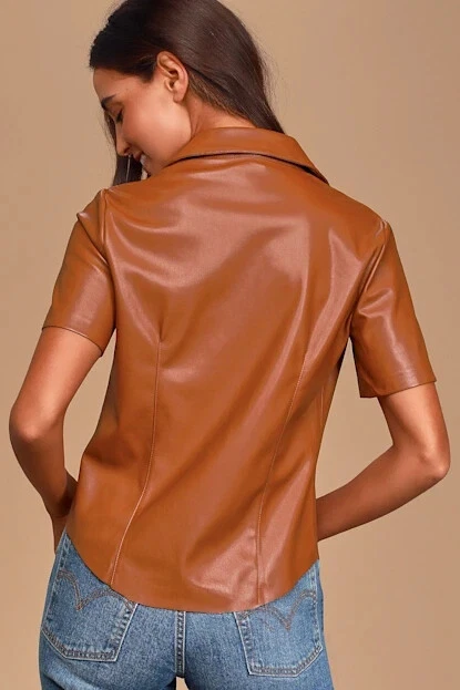 Nueva Camisa Mujer Marrón Hecha a Mano Cuero Genuino Piel de Cordero Elegante Informal Formal Foto 4 de 4