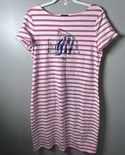Talbots Women Medium Pink/White Striped Fish Graphic Short Sleeve T-Shirt Dress