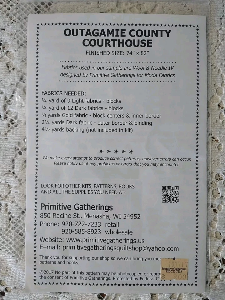 Primitive Gatherings "Outagamie County Courthouse" Quilt Pattern 74x82” - Image 3 of 3