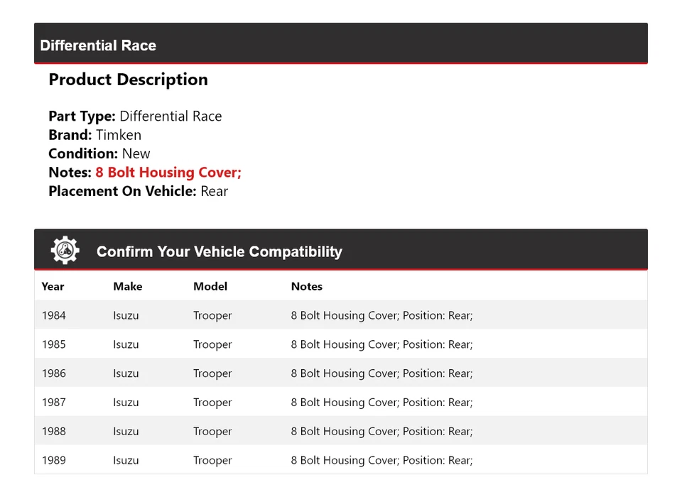Для 1984-1989 Isuzu Trooper Дифференциал Гоночный Задний Timken 1985 1986 1987 1988 - Изображение 2 из 4