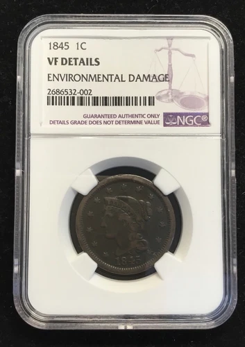 1845 Large Cent NGC VF Details Environmental Damage #