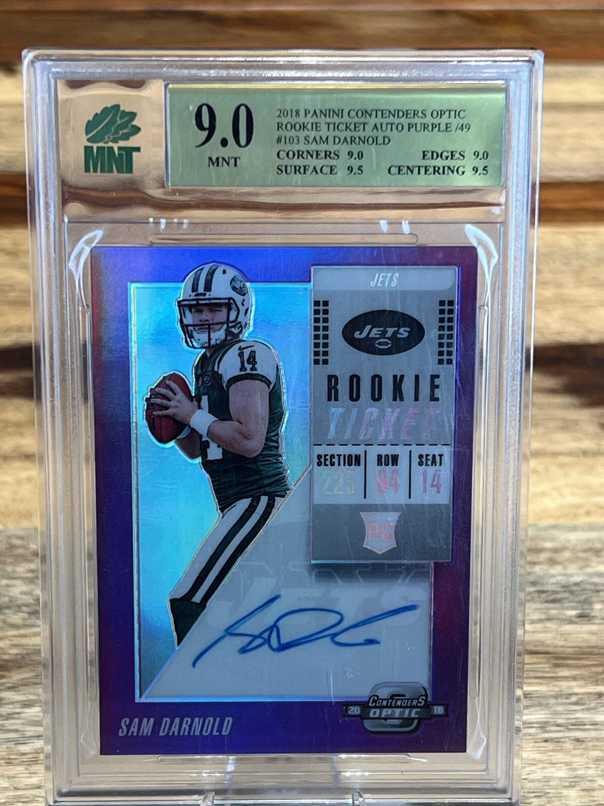 2018 Panini Contenders Optic Rookie Ticket Auto Sam Darnold Purple /49 GEM 9