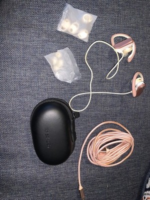 black web rose gold wireless ear buds with black case & charger
