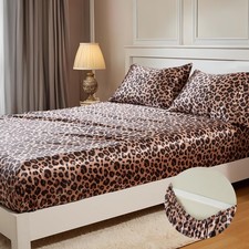 MR HM King Satin Fitted Sheet Set w/ Pillowcases, Silky Soft, 3-Piece Leopard