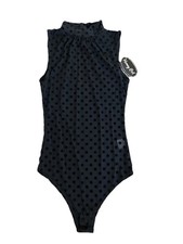 NWT Women s Medium Black Polkadot Sheer Snap Crotch Mock Neck Bodysuit Tank Top