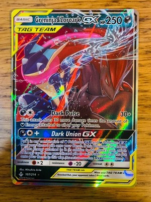 Greninja & Zoroark GX (107/214) Unbroken Bonds Tag Team Holo Rare Pokemon Karte!