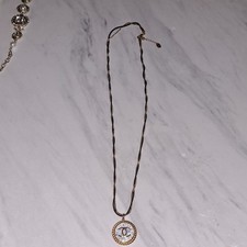 Signed Gold Tone Black Rope Chain Logo Round ...
