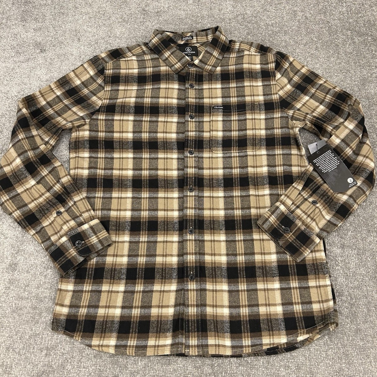 Volcom Shirt Mens Medium Beige Black Plaid Caden Flannel Button Up