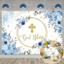 God Bless Backdrop for Boy First Holy Communion Baptism Background Blue Flora...