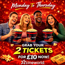 2x Cineworld Cinema Tickets For &pound;10: Valid Monday To Thursday ~ Read Description