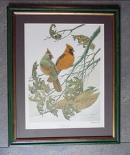Cardinal Birds in Tree. John Ruthven Hand Signed 1978