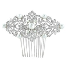 Austrian Crystal Ivory Color Simulated Pearl 1920s Vintage Bride Wave Hair Comb
