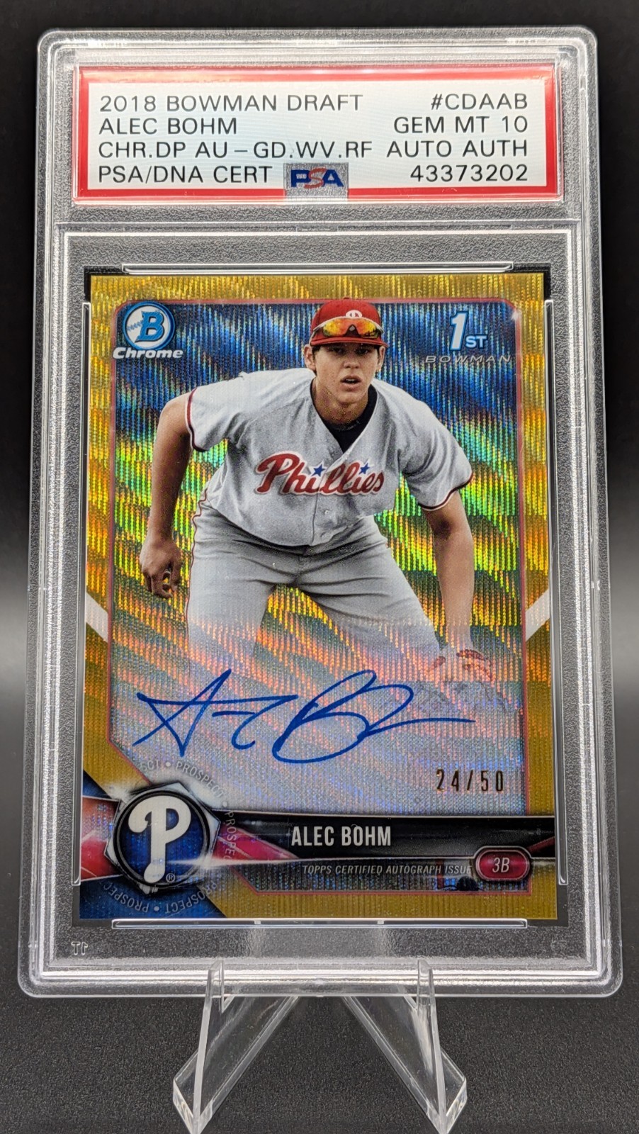 2018 Bowman Draft Chrome 1st Auto Alec Bohm Phillies CDA-AB Gold Wave /50 PSA 10