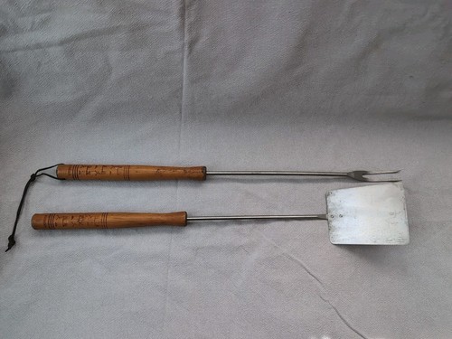 Vtg Androck Fork & Spatula Made USA Wood Handle Stainless Steel BBQ Grill Tool