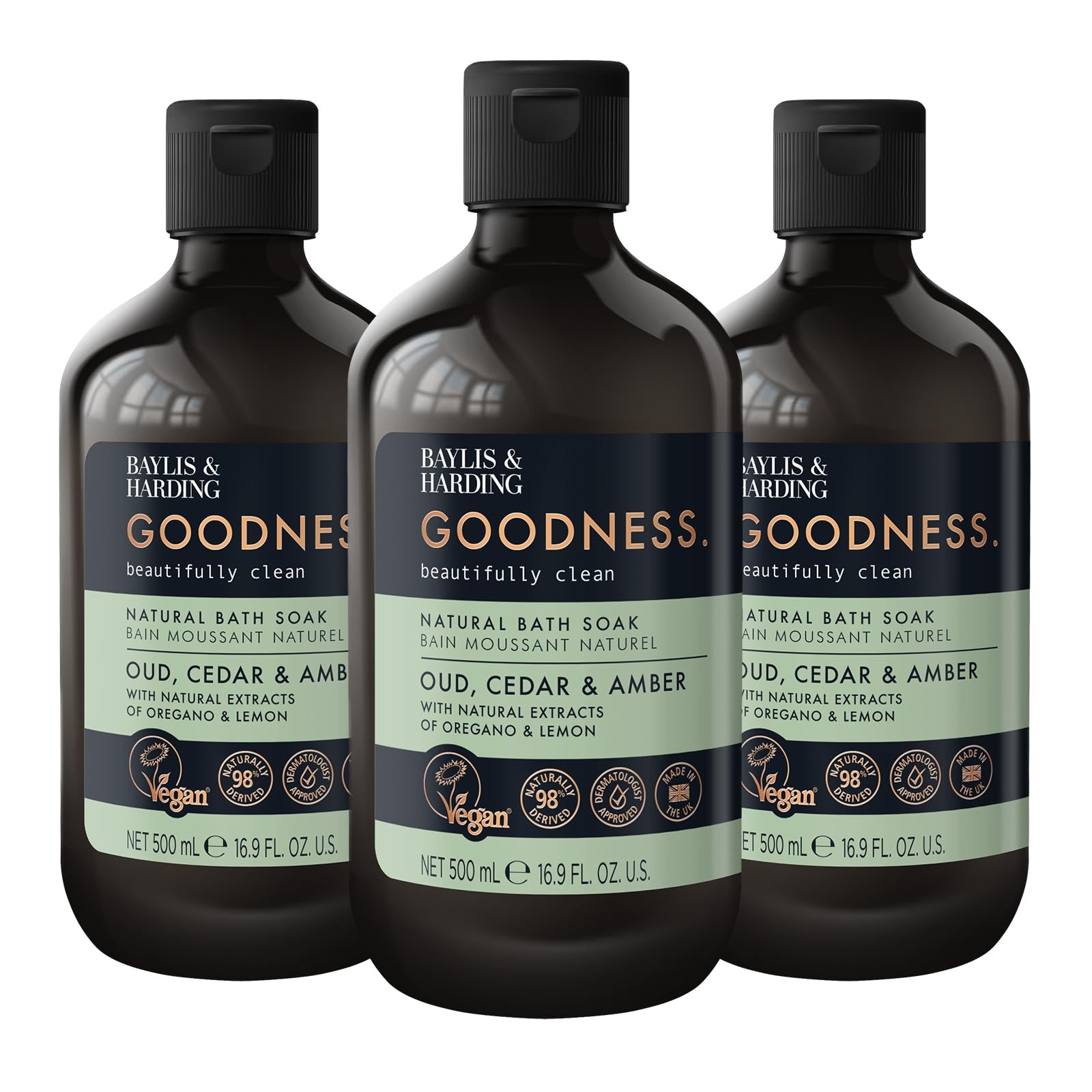 Baylis & Harding Goodness Natural Bath Soak 500ml 3 pack | Oud, Cedar & Amber, 98% Naturally Derived, Dermatologist Approved, Vegan Friendly, Made in UK - Image 2