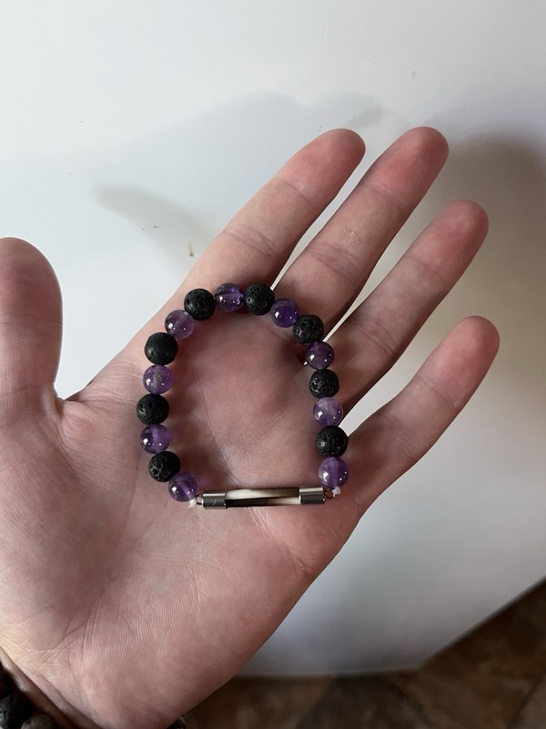 Amethyst/Lava Rock Beaded Elastic Bracelet With African Crested Porcupine Charm