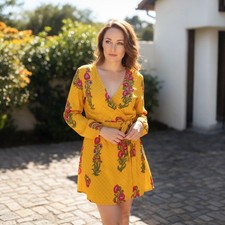 ASOS Boho Yellow Floral Kimono Wrap Mini Dress - XL