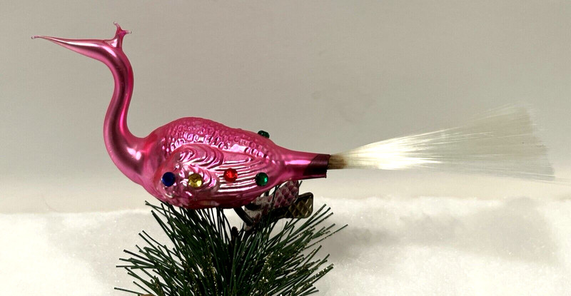 Vtg Feather Tree PINK PEACOCK w/Spun Tail  CLIP-ON Xmas Ornament GERMANY 1950's