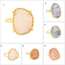 Genuine Crystal Geode Druzy Yellow Gold Plated Prong Setting Adjustable Rings