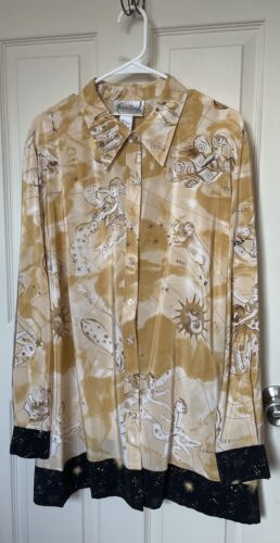 Vtg Diane Von Furstenberg Silk Assets Zodiac Astrology Button Up Blouse Women 2X