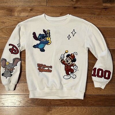Disney 100 Years of Wonder Mickey Stitch Dumbo Sweatshirt Cream Size Small