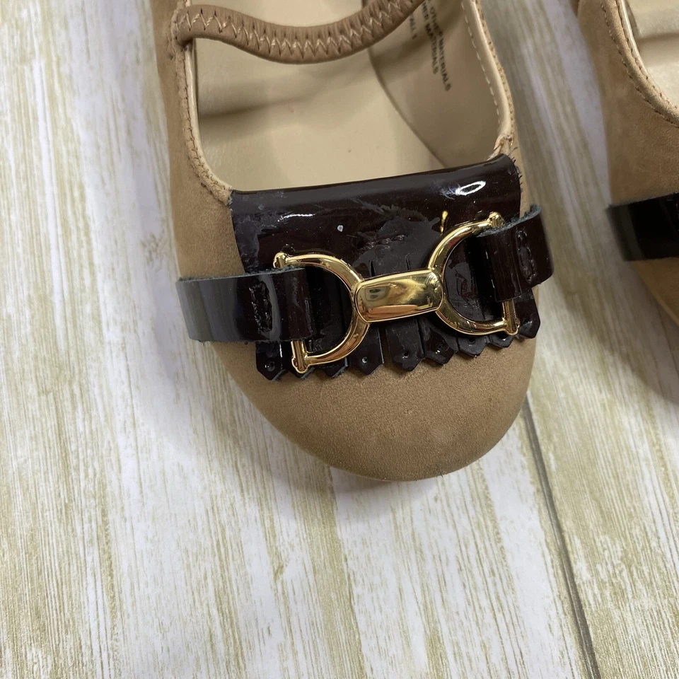 Janie And Jack 学步儿童女孩 5 码棕褐色麂皮绒皮革 Bridle 平底鞋 — 第 3/4 张图片