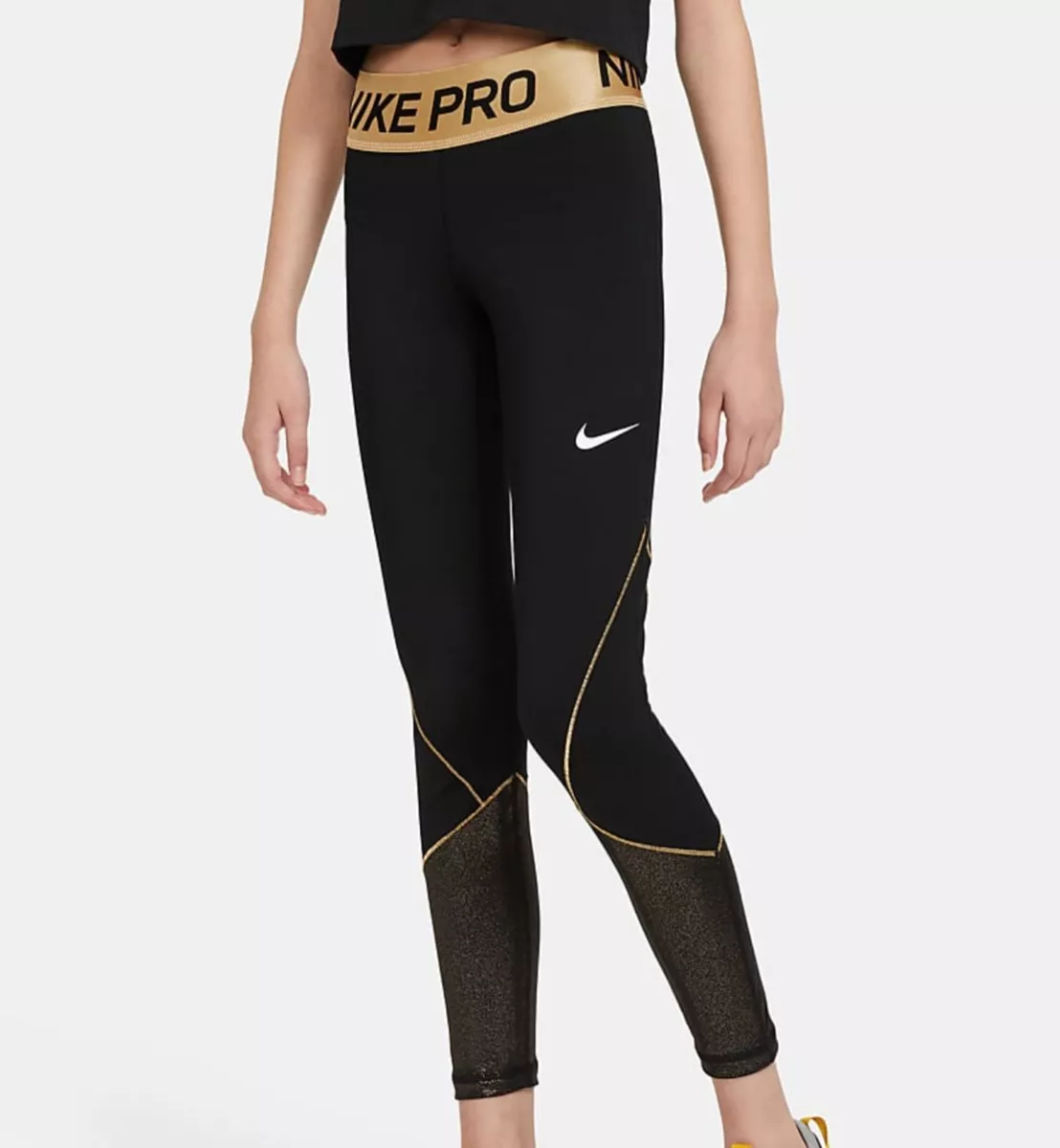 Nike Pro Warm Legging Black White Gold Shimmer (Kids)