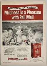 1956 Print Ad Pall Mall Cigarettes Lady Water Skiing Behind Boat of Smokers