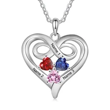 Personalized Mom Heart Pendant Necklace 3 Names 3 Birthstones Sterling Silver