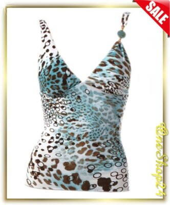 raffiniertes Tankini Oberteil Microfaser TOP mit Soft-Cup türkis weiß 40 B/C