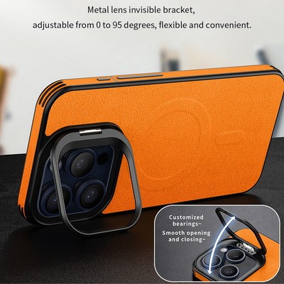 For iPhone 16 15 14 13 Pro Max Luxury Magsafe Leather Camera Holder Case Cover