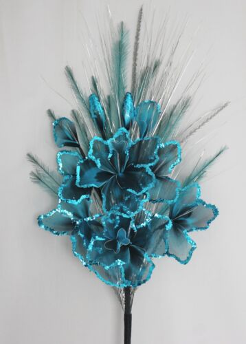 BLUE GLITTER NETLON FLOWERS, MIXED GRASSES, ARTIFICIAL HANDMADE BOUQUET 95cm - Picture 3 of 5