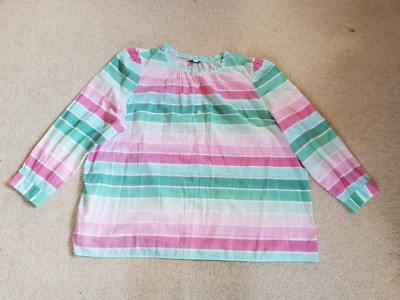 Womens Top-KIM ROGERS-pink/white/green striped semi-sheer cotton tunic ls-3X