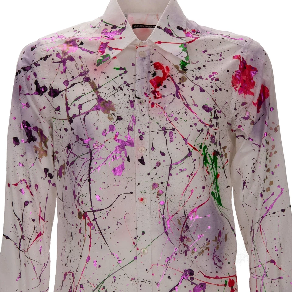 Camisa de algodón pintada a mano con salpicaduras de color púrpura blanco rosa 13319 DOLCE & GABBANA Foto 3 de 4
