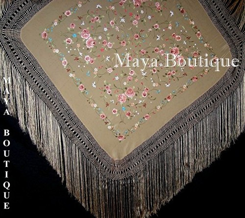 Flamenco Embroidered Silk Piano Shawl Wrap Wheat Floral 84" Maya Matazaro - Picture 5 of 8