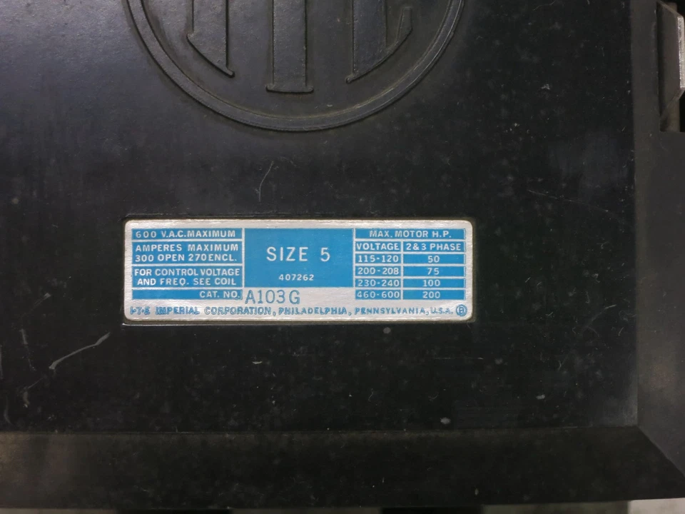 Contator de motor ITE A103G tamanho 5 bobina 480V 200 HP Gould I-T-E Imperial 480 VAC - Imagem 2 de 4