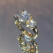4CT Round-Cut Moissanite Solitaire 3Stone Engagement Ring 14K Yellow Gold Plated