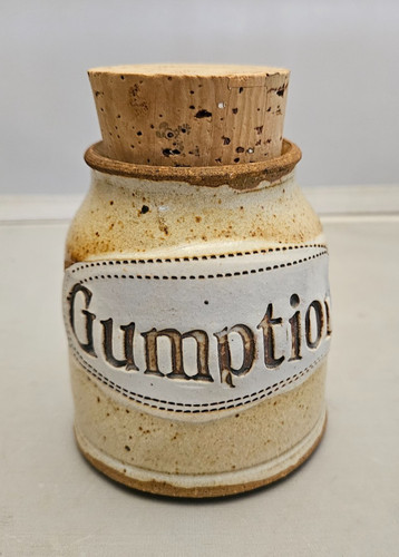 Gumption Dr Brophy Word Jar hand thrown pottery w cork 4.5" tall
