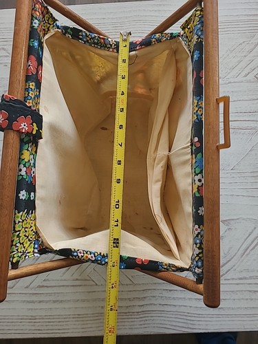 "Vintage 1970s Folding Knitting Basket Wood Frame Retro Floral Sewing Caddy Yarn - Picture 9 of 16