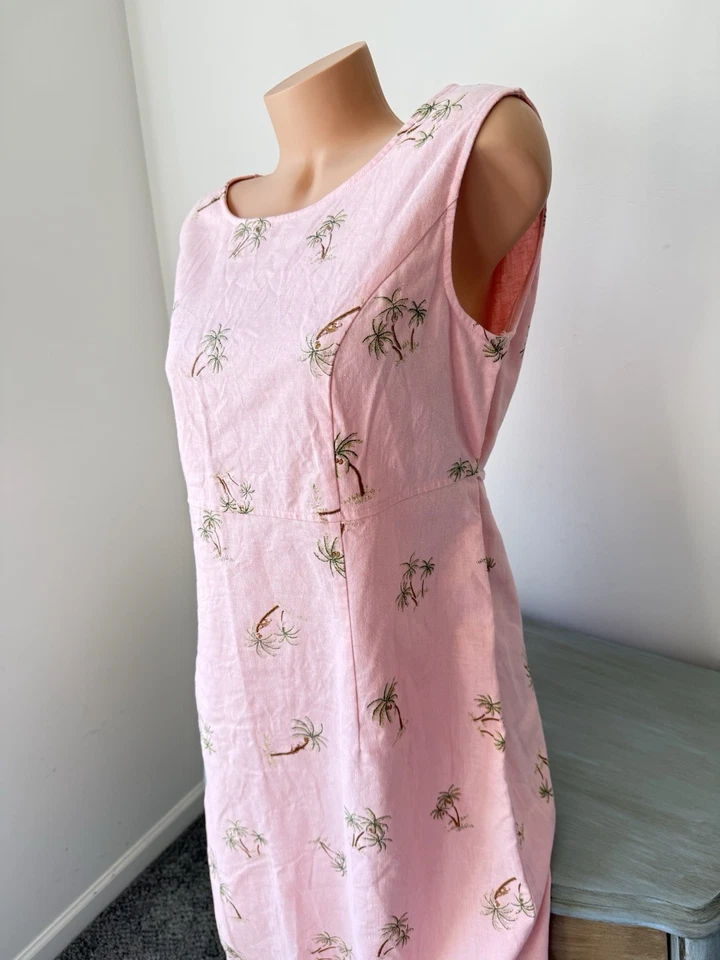 Maxi Vestido Sag Harbor Sin Mangas Palmera Talla 14 XL Rosa Algodón Lino Costero Foto 2 de 4